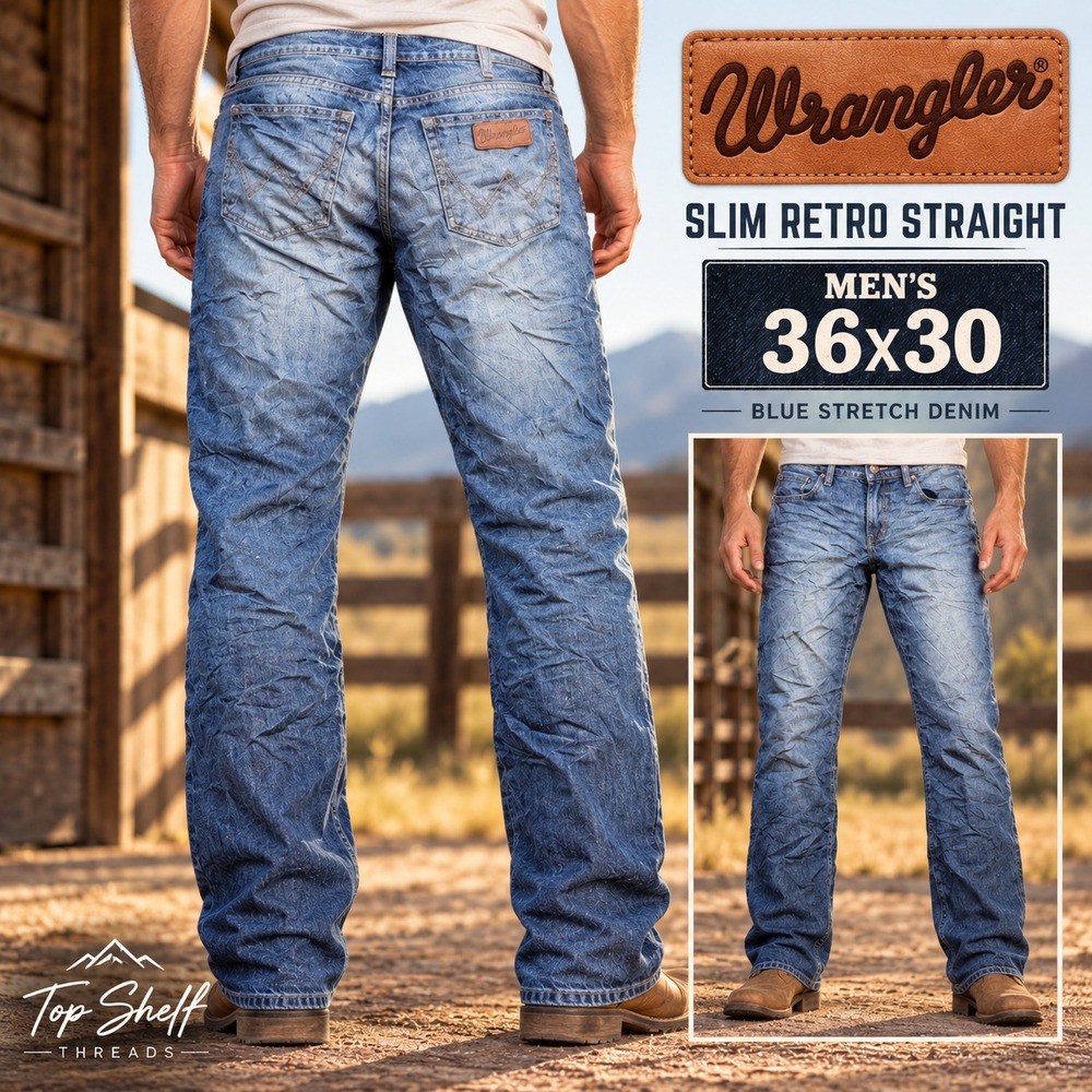Wrangler Retro Slim Straight Jeans Men W36 L30 Blue Stretch Denim Western Cowboy